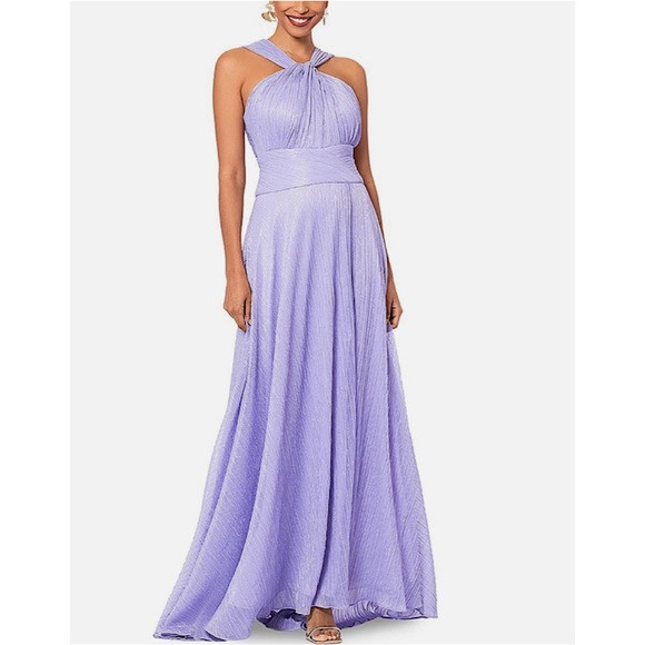 Aqua Metallic Crinkle‎ Twist Halter Gown Dress Purple