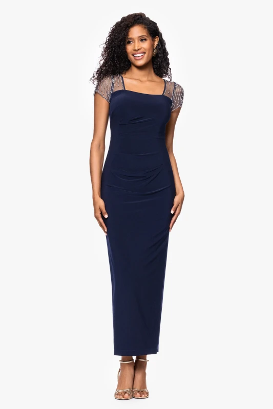 Betsy & Adam Square Neck Short Beaded Sleeve Gown