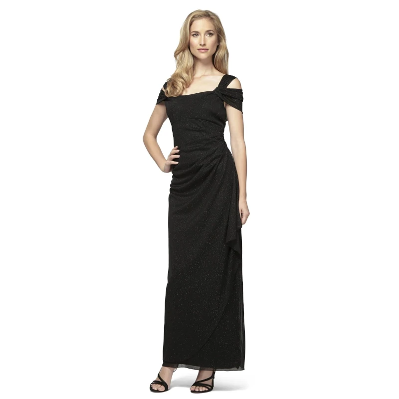 Alex Evenings Black Cold-Shoulder Draped Metallic Gown