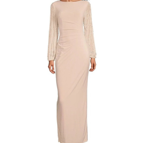 Marina Boat Neck Long Beaded Elastic Cuff Sleeve Gown