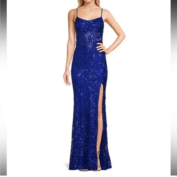 B.Darlin Skinny Strap Scoop Neck Back Lace-up Gown