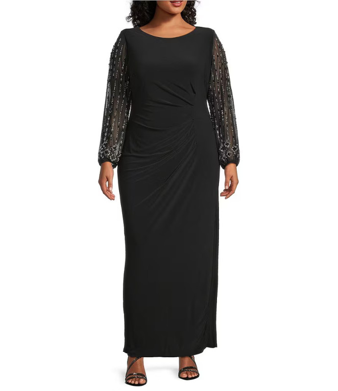 Marina Plus Size Beaded Sleeve Elastic Cuff Gown
