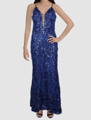 Betsy & Adam Blue Nina Sequin Illusion V-Neck Dress