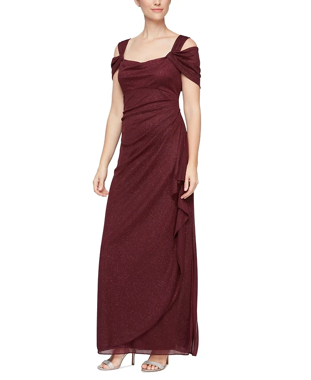 Alex Evenings Wine Sparkling Draped Cold-Shoulder Gown