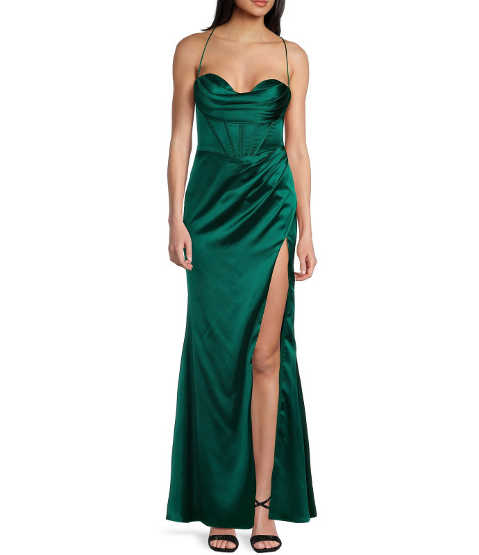 GB Social Green Corset Cowl Slit Hem Satin Long Dress