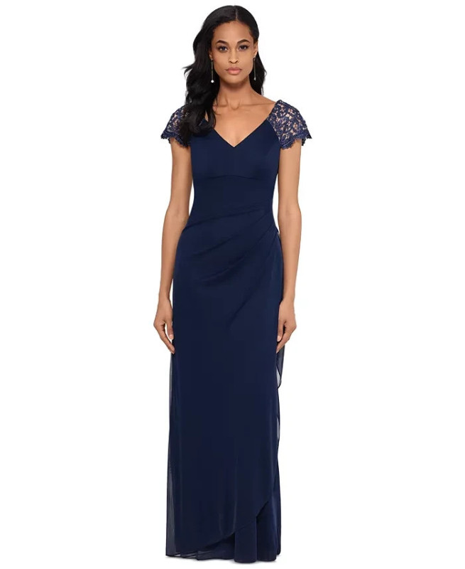 XSCAPE Lace-Sleeve Chiffon Gown