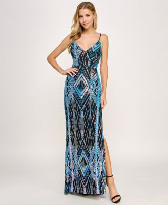 Emerald Sundae Juniors' Sequin-Design Side-Slit Gown